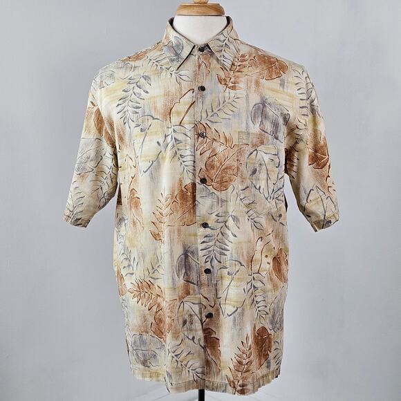 Tori Richard Cotton Lawn Tropical Print Brown Gray Hawaiian Shirt | Men's Medium - Picture 1 of 16